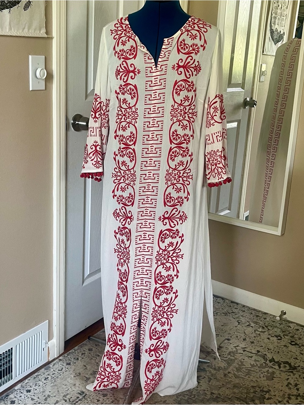 Red and white semi sheer embroidered caftan cover up, super cute Pom Pom sleeves - Picture 2 of 10